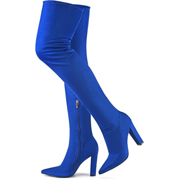 ⚡Women's Blue Pointed Toe Block Heeled Stretch Sexy High Heel Knee High Boots - Picture 1 of 5
